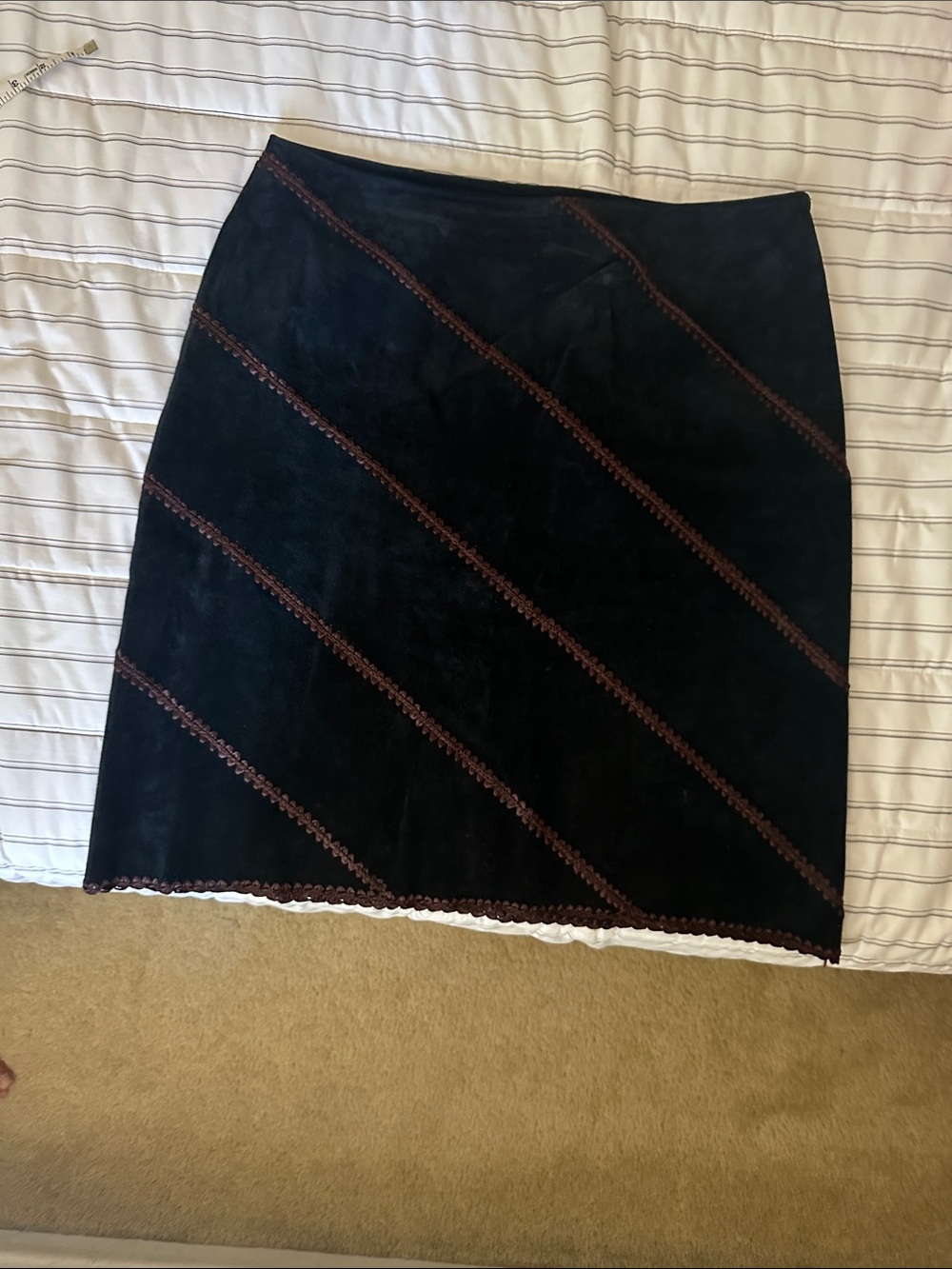 Karen Kane Black Suede Pencil Skirt with Brown Diagonal Trim